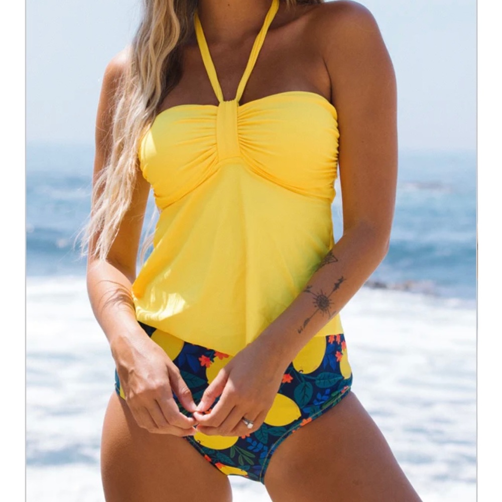 Halter Neck Fruit Print Bandeau Tankini Set